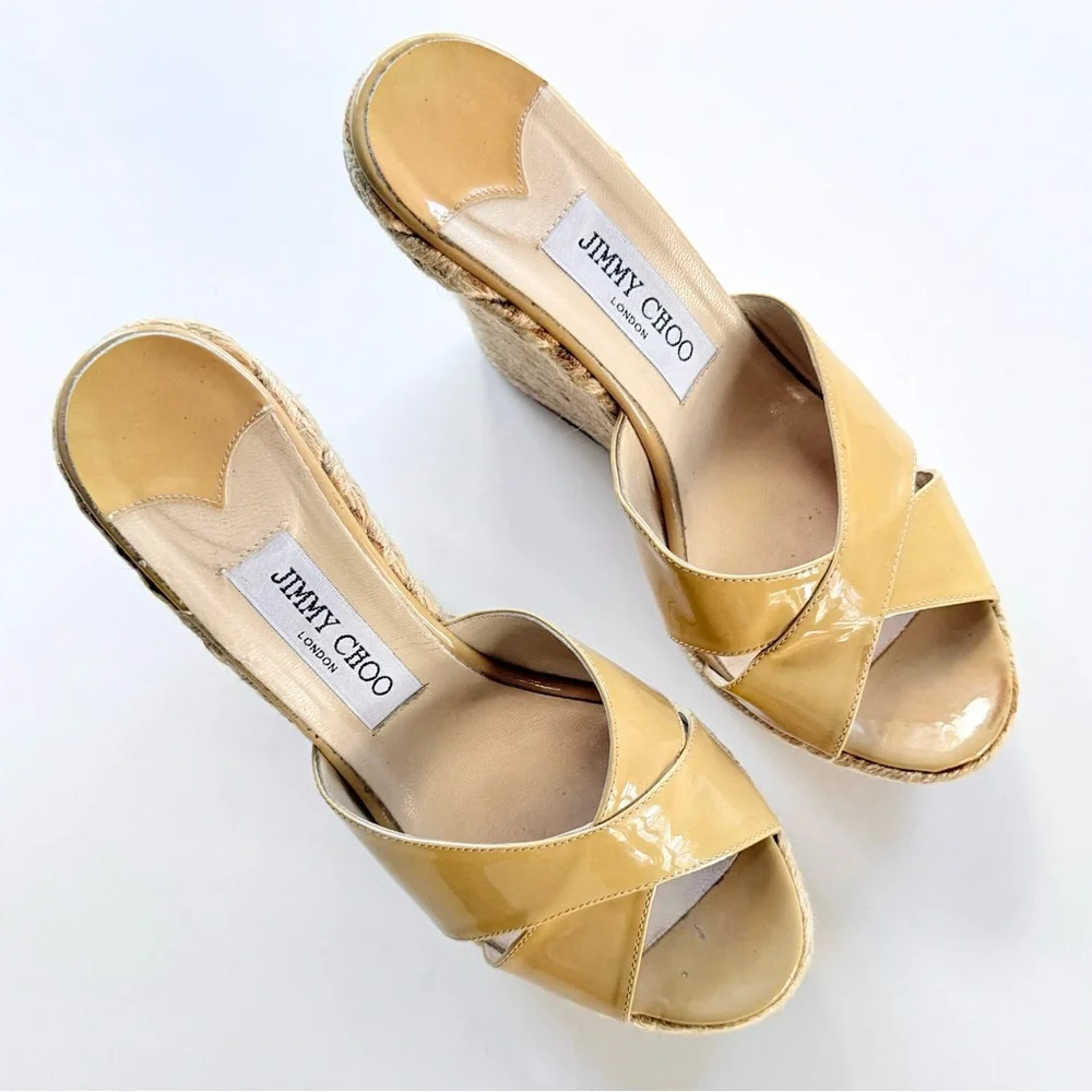 Jimmy Choo Patent Leather Espadrille Wedge Sandals Tan Camel 39
